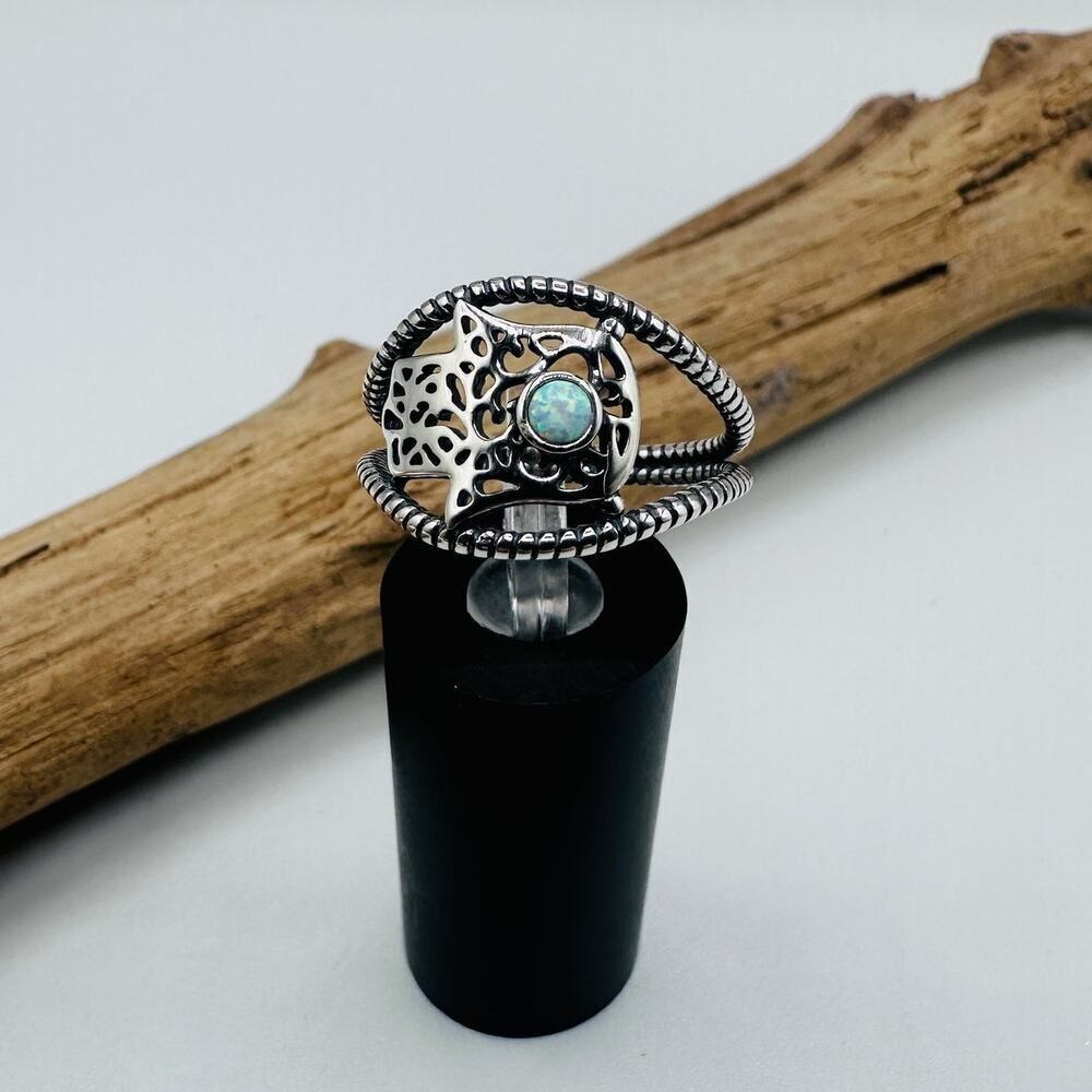 Sterling Silver Lab Opal Hamsa Ring